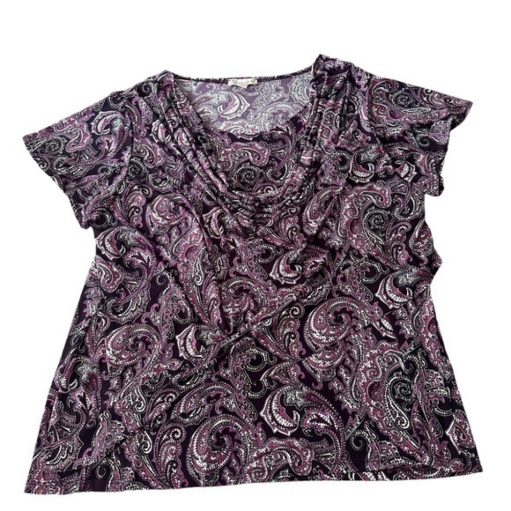 Dress Barn Layered Wrap Short Sleeve Top - Womens Size 1X - Purple Paisley